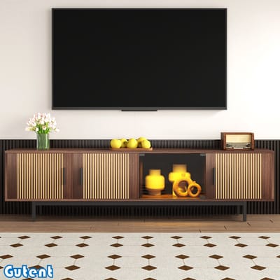 Gutent TV-kast - Met gebeeldhouwde textuur - Met LED-strip verlichting - Deur van gehard glas - Bruin