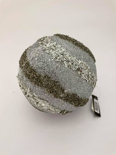J-Line Kerstbal gestreept zilver/paillette 12cm