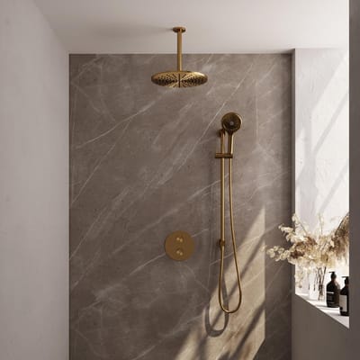 Brauer Gold Edition thermostatische inbouw regendouche 3-weg rond SET 96 met 30 cm douchekop en plafondarm en 3-standen handdouche en doucheslang en geïntegreerde glijstang goud geborsteld PVD