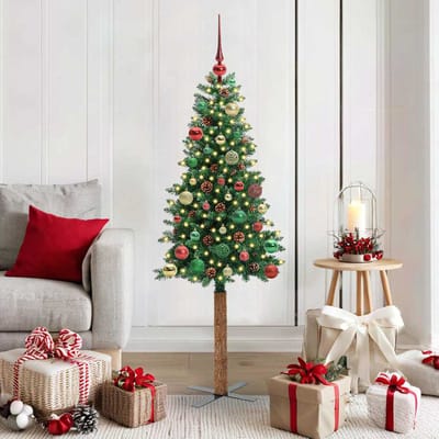 vidaXL - Slanke - Kerstboom - Groen - 150 - cm - PVC - en - massief - dennenhout