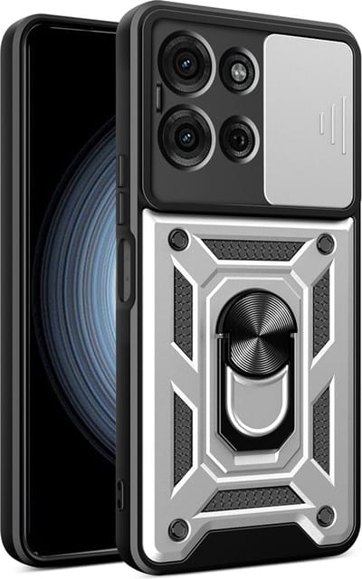 MobyDefend Hoesje - Geschikt voor Motorola Moto G75 - Pantsercase Met Draaibare Ring - Zilvergrijs