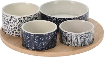 Excellent Houseware Serveerplank/borrelplank hapjes/saus/tapas - porselein - blauw - 4x schaaltjes