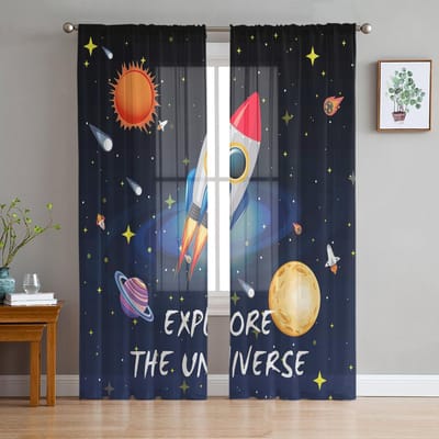 Ruimte Universum Planeet Raket Transparante Gordijnen voor Woonkamer Decoratie Raambekleding voor Keuken Tule Voile Organza Gordijnen W135 x H115cm x1 gray