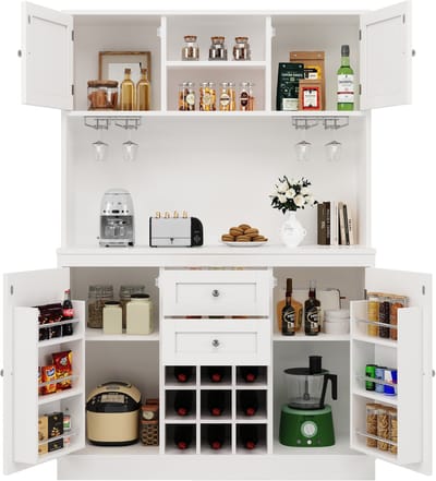 Hoge Keukenkast / Buffetkast 188 cm - Met Wijnrek & Glazenplank - 4 Deuren & 2 Lades - Inclusief Kantelbeveiliging
