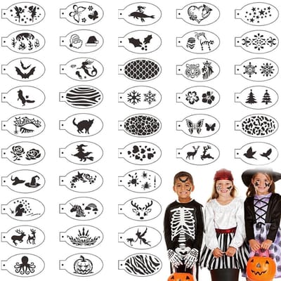 ZEYNOMAX- Gezichtsschildersjablonen 42 Stuks - Herbruikbare Bodyverfsjablonen - PET Materiaal - Afmetingen 14 x 7,5 cm - Ideaal voor Kinderen en Volwassenen - Wasbaar en Betrouwbaar - Schminkstencils