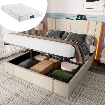 Gestoffeerd tweepersoonsbed, USB Type-C oplaadfunctie, app-bediening, ledverlichting, 160x200 cm, opbergbed, bedframe, lattenbodem, beige linnen bekleding (inclusief matras)