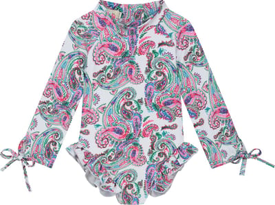 Supercute badpak UV-Zwempak - UPF50+, paisley wit met lange mouwen, drukknoopjes en ritssluiting maat 98