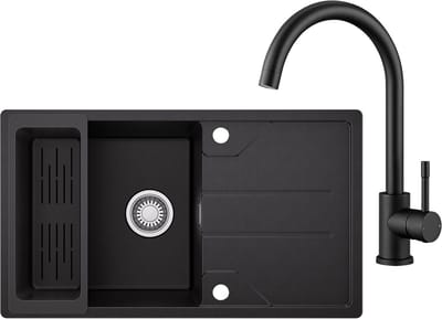 CECIPA max Granieten Spoelbak 78*45cm Zwart - Spoelbak Keuken Met Keukenkraan - Spoelbakken Keuken Met Planchet en Afvoermand - Wasbak Keuken Met Waterafvoersysteem