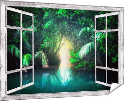 Gards Tuinposter Doorkijk Tropische Jungle met een Turquoise Meer - 180x120 cm - Tuindoek - Tuindecoratie - Wanddecoratie buiten - Tuinschilderij