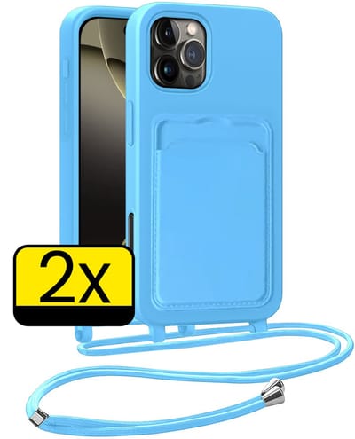 Hoesje Geschikt voor iPhone 16 Pro Telefoonhoesje Met Koord Case Pashouder Siliconen - Hoes Geschikt voor iPhone 16 Pro Hoesje Met Kaarthouder - Lichtblauw - 2 Stuks