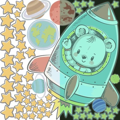 Lichtgevende sticker - Astronaut Beer + 50 Sterren - Fluorescerende muur-/plafondsticker voor kinderen - 30x30cm