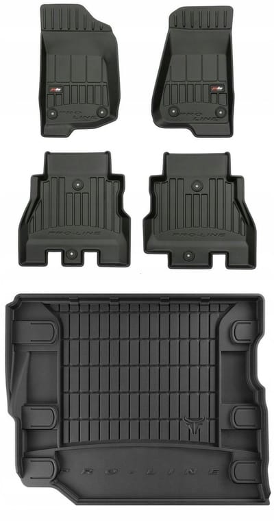 Frogum ProLine Complete Set: Luxe Rubberen Automatten + Kofferbakmat - Geschikt voor JEEP Wrangler JL vanaf 2018 - 4-Deurs Rubicon / Unlimited - Perfecte Pasvorm - Geurloos TPE - Zwart