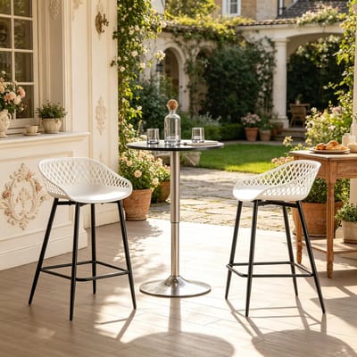 HAUSS SPOLE Barkruk - Set Van 2 - Met Rugleuning, Armleuningen En Voetsteun - Voor Keuken, Bar En Balkon - Kunststof En Metaal - Wit