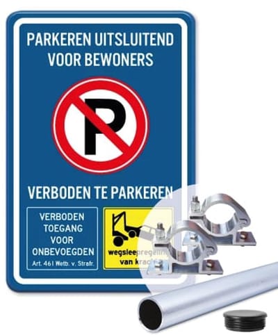 Bord Parkeren uitsluitend voor bewoners - blauw - Weerbestendig Aluminium - 30x45 cm - Bevestiging: Met paal 150 cm + paalbeugels + paaldop