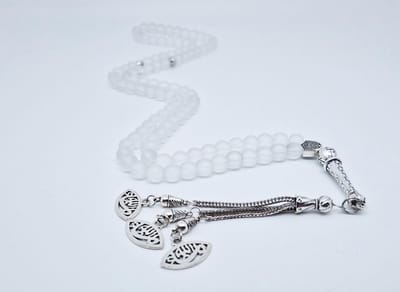Handgemaakte tesbih "Tasbih" natuursteen "Selenite" - Aantal kralen 99 - Diameter kralen 8MM - met metaal tassel "Ogen" - Een mooi cadeau-idee