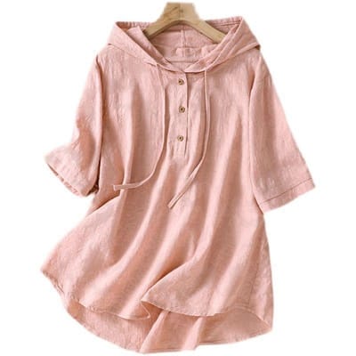 Nieuw Zomer Midilengte Jacquard Geborduurd Katoen en Linnen Shirt voor Dames In Zomer Casual Losse Top met Capuchon M