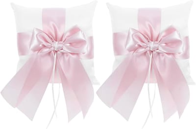 Bruiloft Ringkussen - Ringhouder Bruid - Huwelijksceremonie Presentatie - Dubbele Lintstrik Decoratie - 20x20x8.5CM - Roze