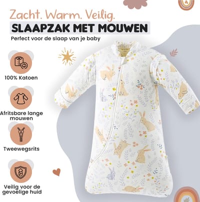 Bidiboo baby slaapzak winter herfst met afritsbare mouwen - konijnenprint – 2,5 TOG – 100% katoen – 85 cm – tweewegrits
