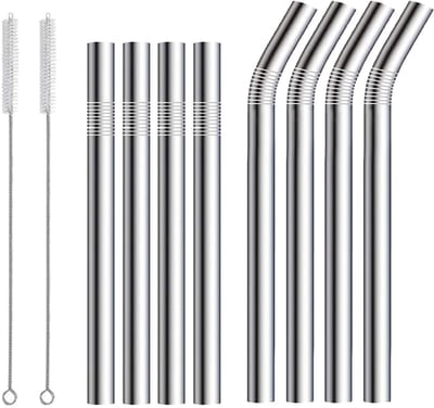 Rietjes - Herbruikbare Drinkrietjes, 10 mm Breed, 4 Gebogen (266 mm) & 4 Rechte (216 mm) Met 2 Reinigingsborstels, Voor Zelfgemaakte Drankjes