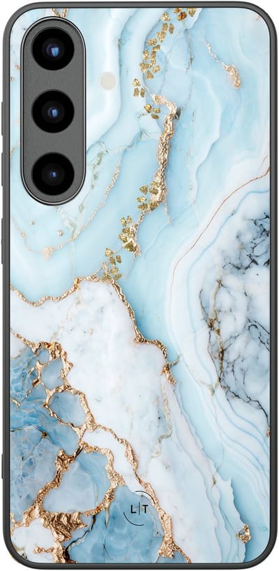 Hoesje geschikt voor Samsung Galaxy S25 - Marmer babyblauw - Luxe Glazen Hardcase - Marmer - Blauw