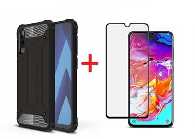 Hoesje Geschikt Voor Samsung Galaxy A70/A70s Screen Protecter Zwart + Armor Hoesje Zwart