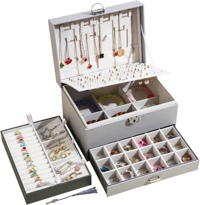 Juwelendoos Dames - Sieraad Organizer - Sieraden Opbergen - Grote Capaciteit - 24 x 18 x 14.2 cm - Grijs