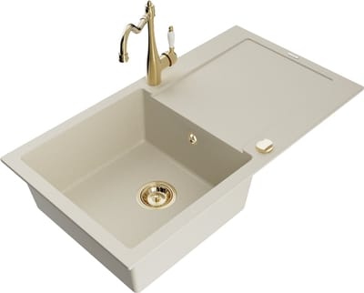 Mexen Leo granieten spoelbak 1-kompartement met afdruiprek en keukenmengkraan Carla, beige - 6501-69-670700-50