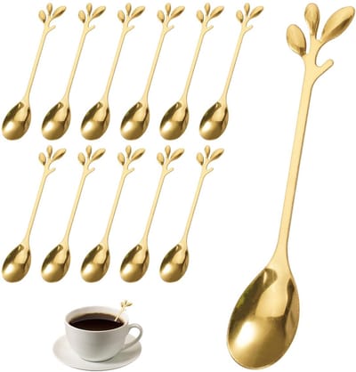 Dailygoods - 12 Stuks Gouden decoratieve lepels, 12cm Roestvrijstalen Koffielepels, Gouden Mini Theelepel, Klein Takontwerp Cakelepel, Gebruikt voor Water, Thee, Melk, Koffie, Dessert- en Drankgerei