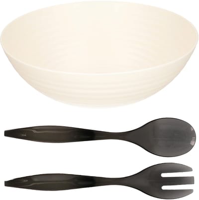 Plasticforte Salade/sla serveerschaal - wit - kunststof - D27 x H9 cm - met sla bestek - grijs - 29 cm