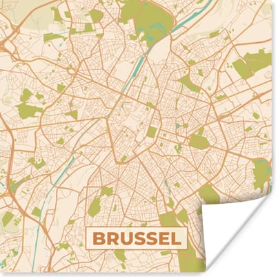 Poster Plattegrond - Retro - Brussel - Stadskaart - Kaart - 100x100 cm XXL