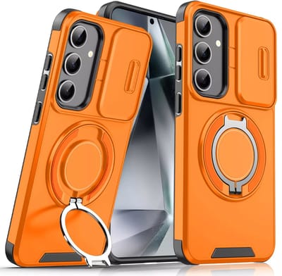 Armor Tough [360° draaibare ringstandaard] [compatibel met Magsafe] Hoesje Geschikt voor: Samsung Galaxy A15 - Ingebouwde dia camera cover - Hybrid - Oranje