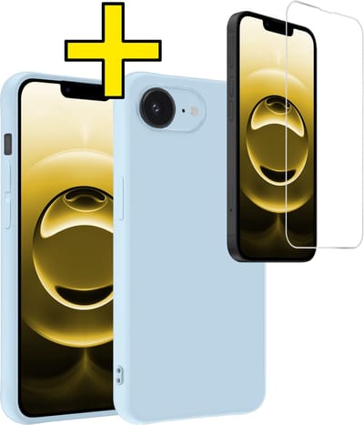Hoesje - Met Screenprotector - Geschikt voor Apple iPhone 16e - Sterk & Shockproof - Back Cover - Siliconen Case - Telefoon Hoes - Telefoonhoesjes - Lichtblauw