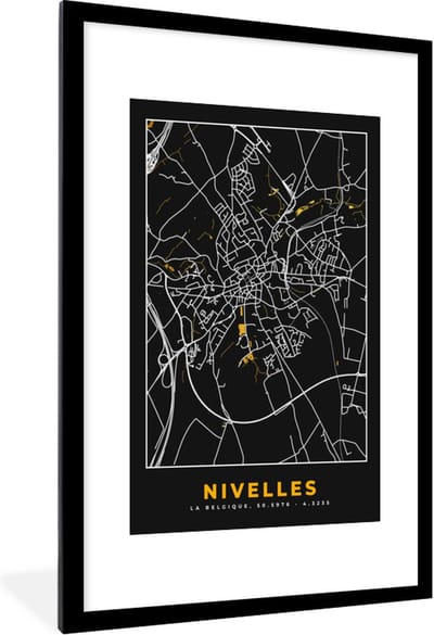 Fotolijst incl. Poster - Goud - Stadskaart - Plattegrond - Nivelles - Kaart - 80x120 cm - Posterlijst