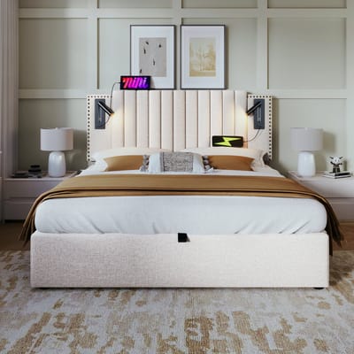 VVBV Gestoffeerd Bed met Opbergruimte 160x200 cm - Opbergruimte, Lattenbodem, Hoofdbord - Linnen Beige - Zonder Matras