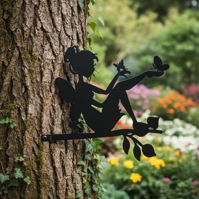 Janse® Tuindecoratie elf - Boom elf zwart - Elfje van ijzer - Vlinder elf - Tuinbeelden - Balkon - Tuinsteker - Decoratieve tuinbeeldjes - Elf tuinornament