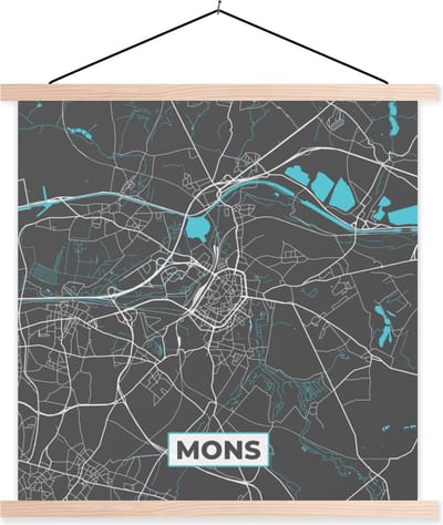 Posterhanger incl. Poster 40x40 cm - Schoolplaat - België – Mons – Stadskaart – Kaart – Blauw – Plattegrond - Textielposter - Blanke latten - Stadskaart