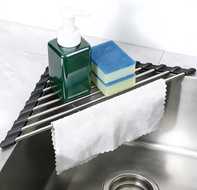 Set van 2 opvouwbare driehoekige afdruiprekken van roestvrij staal, multifunctioneel voor keuken en badkamer, ruimtebesparend en duurzaam