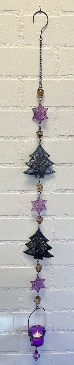 Deco theelichthouder "Kerst" met metalen ketting - Kerstster en Kerstboom - Zwarte + paars kleurig+ rood - lengte 105 cm - exclusief theelicht - Woondecoratie - Theelichthouder - Feestversiering - Kerst