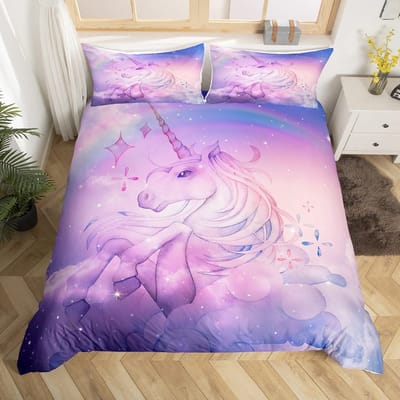 Eenhoorn Dekbedovertrek Set Cartoon Galaxy Regenboog Kleurrijk Eenhoorn Schattig Romantisch Thema Voor Kinderen Meisjes Polyester Dekbedovertrek EU single(135x200cm)