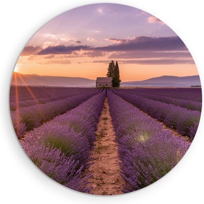 Saammp Muurcirkel Hout - Groot lavendelveld met huis - Bloemen - Landschap - Natuur - Ø 90 - Wandcirkel - Wanddecoratie Cirkel - Muurdecoratie Woonkamer - Slaapkamer decoratie - Rond Schilderij
