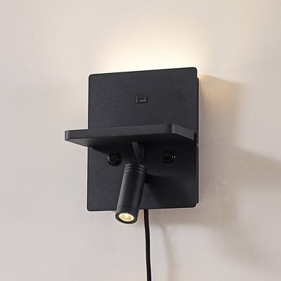 Lindby LED wandlamp Auden, zwart, stekker, oplaadstation