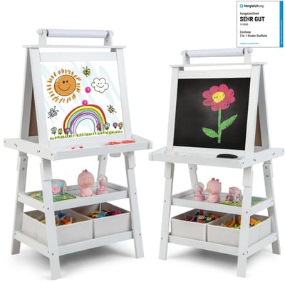 COSTWAY 3-in-1 kinderschildersezel, kinderbord, dubbelzijdig, whiteboard & krijtbord & tekenpapier, staand bord incl. magneten, 2 legplanken, houten bord met 2 opbergdozen (beige)