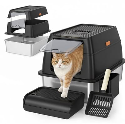 ADSafety Kattenbak RVS - Kattentoilet Roestvrijstaal - Incl. Kattenbakschep met Houder en Gritopvang Opstapje - 2 in 1 Open Kattenbak met Afneembare Deksel - 60x40x38cm - Zwart