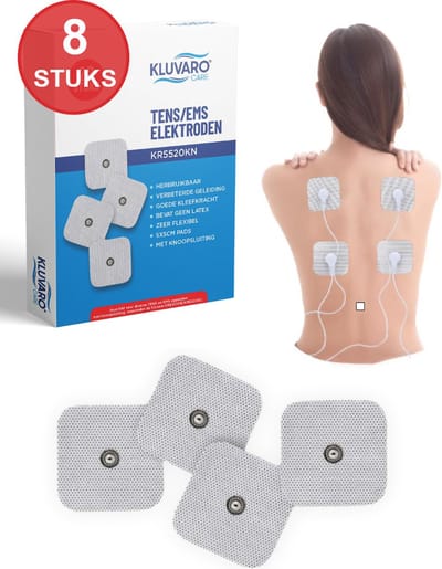Kluvaro TENS/EMS Elektroden Pads - voor Elektrodentherapie apparaat - 3,5 mm knoopsluiting - Extra Kleefkracht - 5x5 cm - 8 stuks