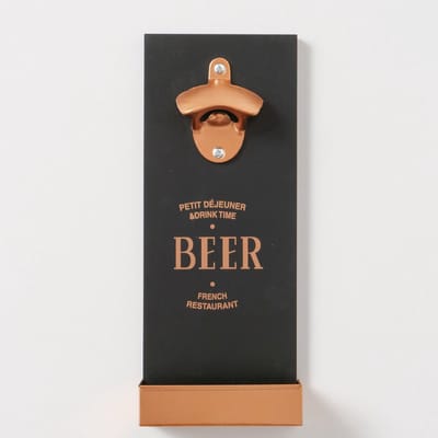 Opener - Wand opener - Hout - Zwart - Koper - Cadeau - 12x4.5x29.5cm. - opvangbakje