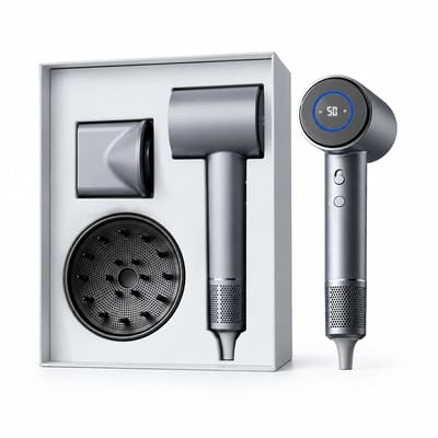 Snelle haardroger - 1600 W - 3 warmelucht- en koudeluchtstanden - magnetisch stylingmondstuk en diffuser - grijze set