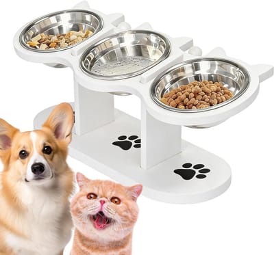 Verhoogde Voerbakken - Huisdier Voerstation - Comfortabel Eten - Drie Kommen - 43 x 16 x 7.5 cm - Wit