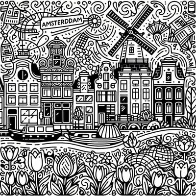 Doodle amsterdam schilderij | Amsterdamse dromen in een wirwar van lijnen en kleuren | Kunst - 40x40 centimeter op Dibond | Foto op Dibond
