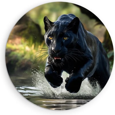 Saammp Muurcirkel Hout - Zwarte Panter in het water - Natuur - Dieren - Ø 90 - Wandcirkel - Wanddecoratie Cirkel - Muurdecoratie Woonkamer - Slaapkamer decoratie - Rond Schilderij