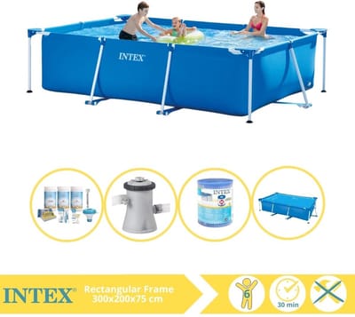 Intex Rechthoekig Frame Zwembad - 300 x 200 x 75 cm - Blauw - Inclusief Solarzeil - Onderhoudspakket - Zwembadfilterpomp - Filter - 5-delig